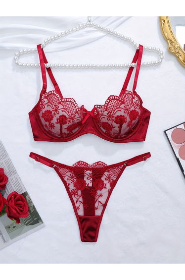 Burgundy Floral Embroidered Mesh Non Padded Wired Bra and Brief Set