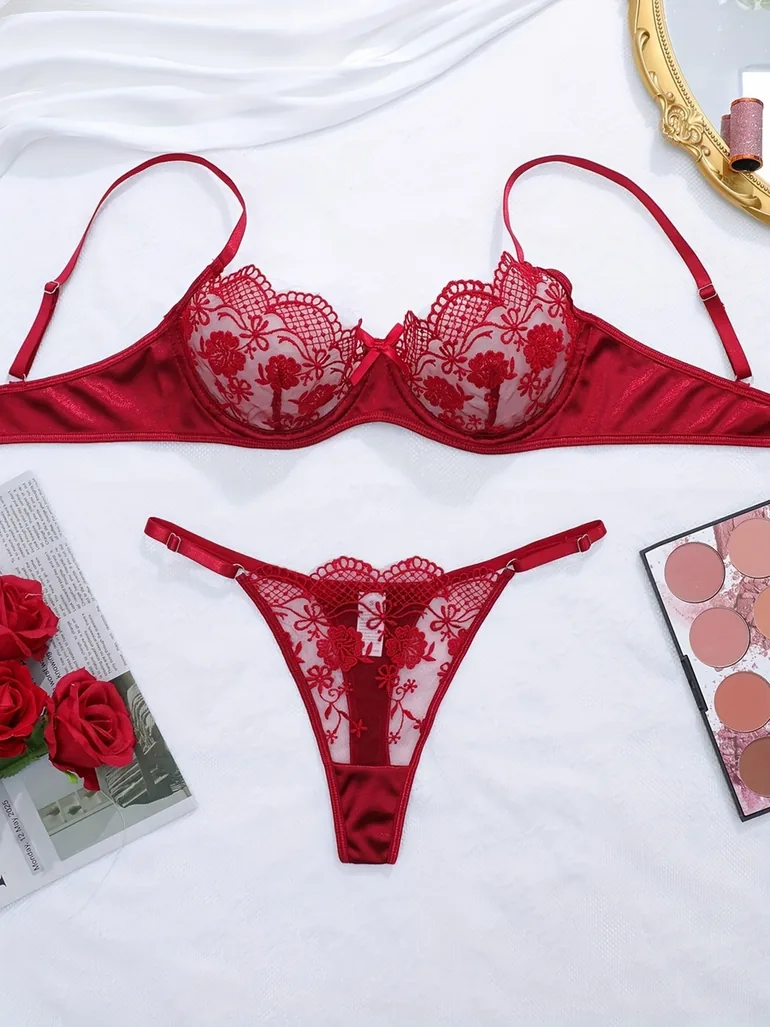 Burgundy Floral Embroidered Mesh Non Padded Wired Bra and Brief Set - 4