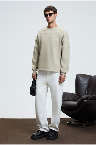 GRIMELANGE HAL Men's Round Neck Printed Regular Fit Stone Color Sweatshirt with Decorative Stitch Details on Front and Sleeves