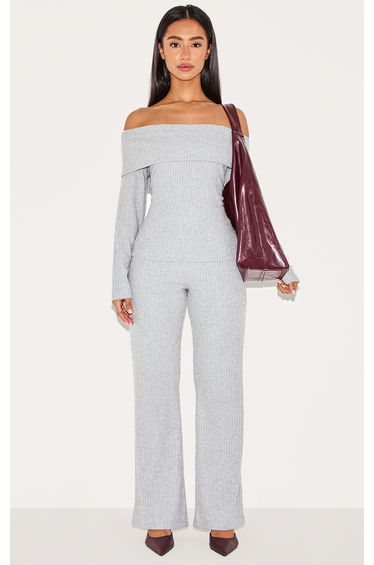Petite Grey Ribbed Wide Leg Trousers