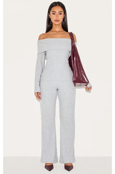 Petite Grey Ribbed Wide Leg Trousers