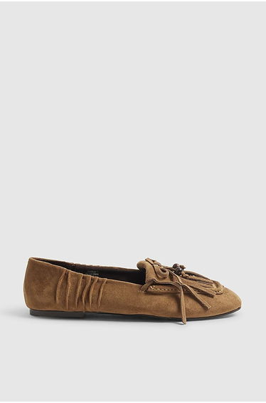 Brown Faux Suede Beaded Fringe Loafers