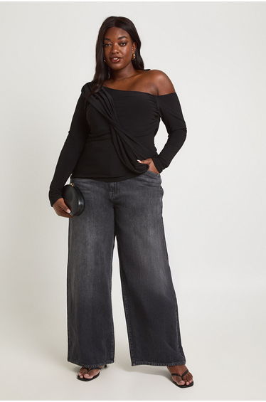 Plus Slinky Draped Asymmetric Top - black