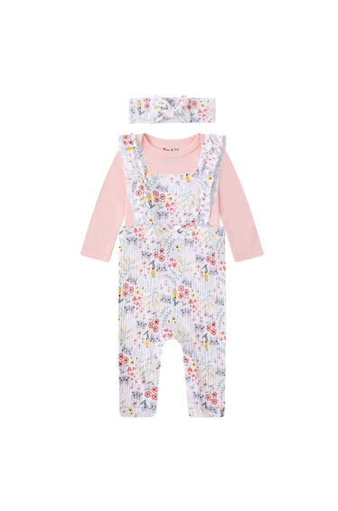 3-Piece Floral Dungaree, Bodysuit and Headband Set