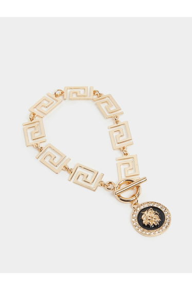 Gold Tone Meander Link Bracelet with Medallion Charm