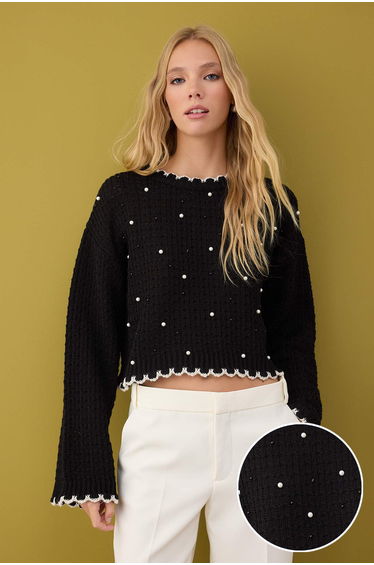 Black Wide Cut Short/Crop Pearl Detailed Knitwear Sweater