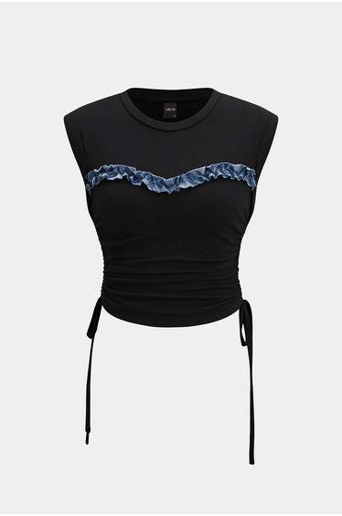Patchwork Round Neck Tie-Up Short Sleeve T-Shirt