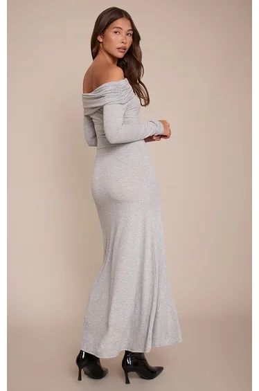 فستان ماكسي جيرسية بطيات بأكتاف مكشوفة - رمادي