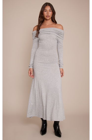 Grey Marl Jersey Fold Over Bardot Maxi Dress