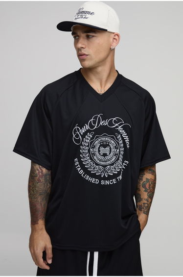 Oversized Mesh Embroidered Panelled Hockey Top - black