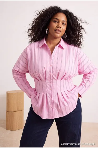 Pink Lycra Waist Fitted Plus Size Woven Shirt