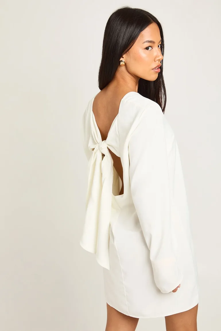 Petite Bow Detail Open Back Mini Dress - ivory - 3