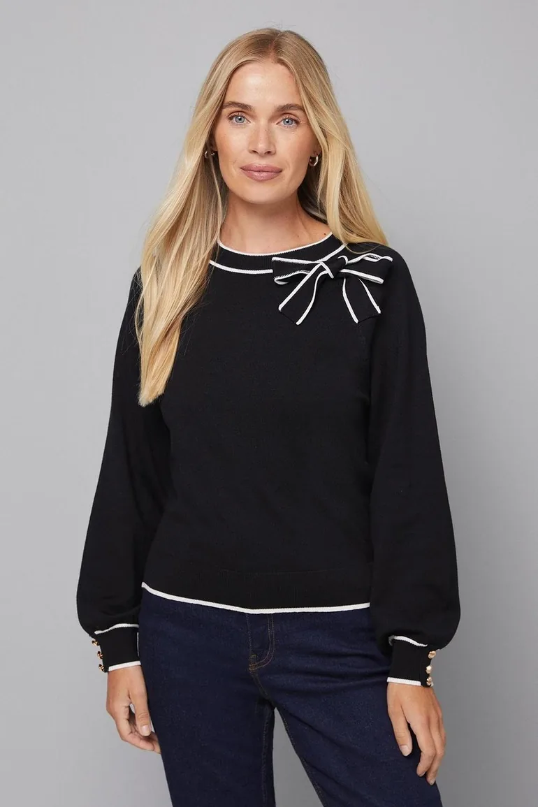Petite Tipped Bow Neck Jumper - 1