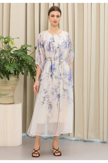 Lilac Muse Watercolor Tie-Waist Chiffon Maxi Dress for Countryside Hiking & Art Opening