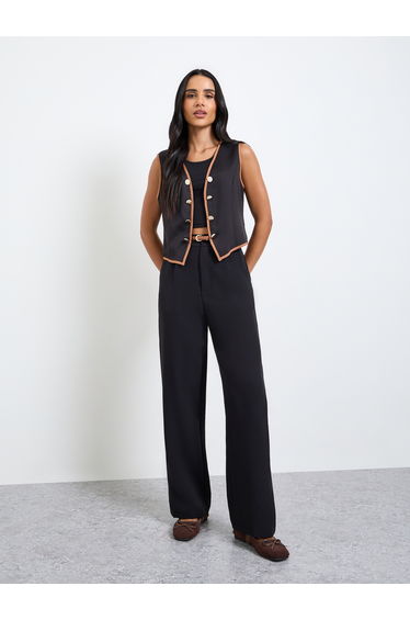 Black Contrast Trim Buttoned Waistcoat