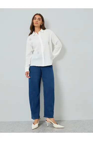 Women White Embroidered Regular Shirt