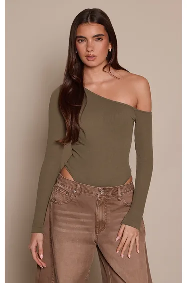 Olive Contour Rib Asymmetric Long Sleeve Bodysuit