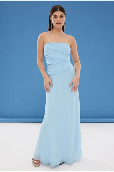 فستان سهرة طويل محبوك بتول بتفصيلة وشاح بقصة بشكل A لون أزرق