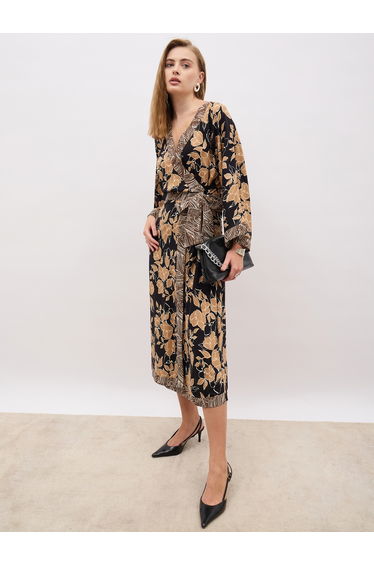 All-Over Print V Neck Wrap Midi Dress