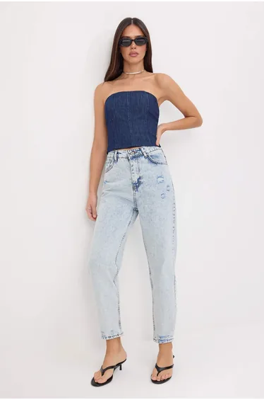 Light Blue High Waist 100% Cotton Non-Stretch Mom Jeans Twoss26Je00360