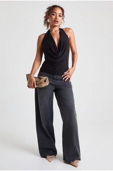 Double Layer Slinky Cowl Neck Lace Trim Top - black