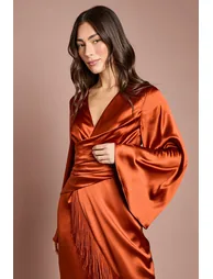 Satin Fringe Hem Wrap Waist Midi Dress - 1