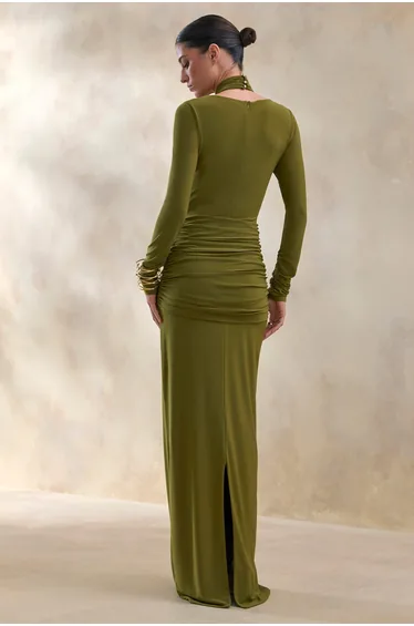 Linessa | Olive High-Neck Maxi Dress With Sash And Gathered-Detailing