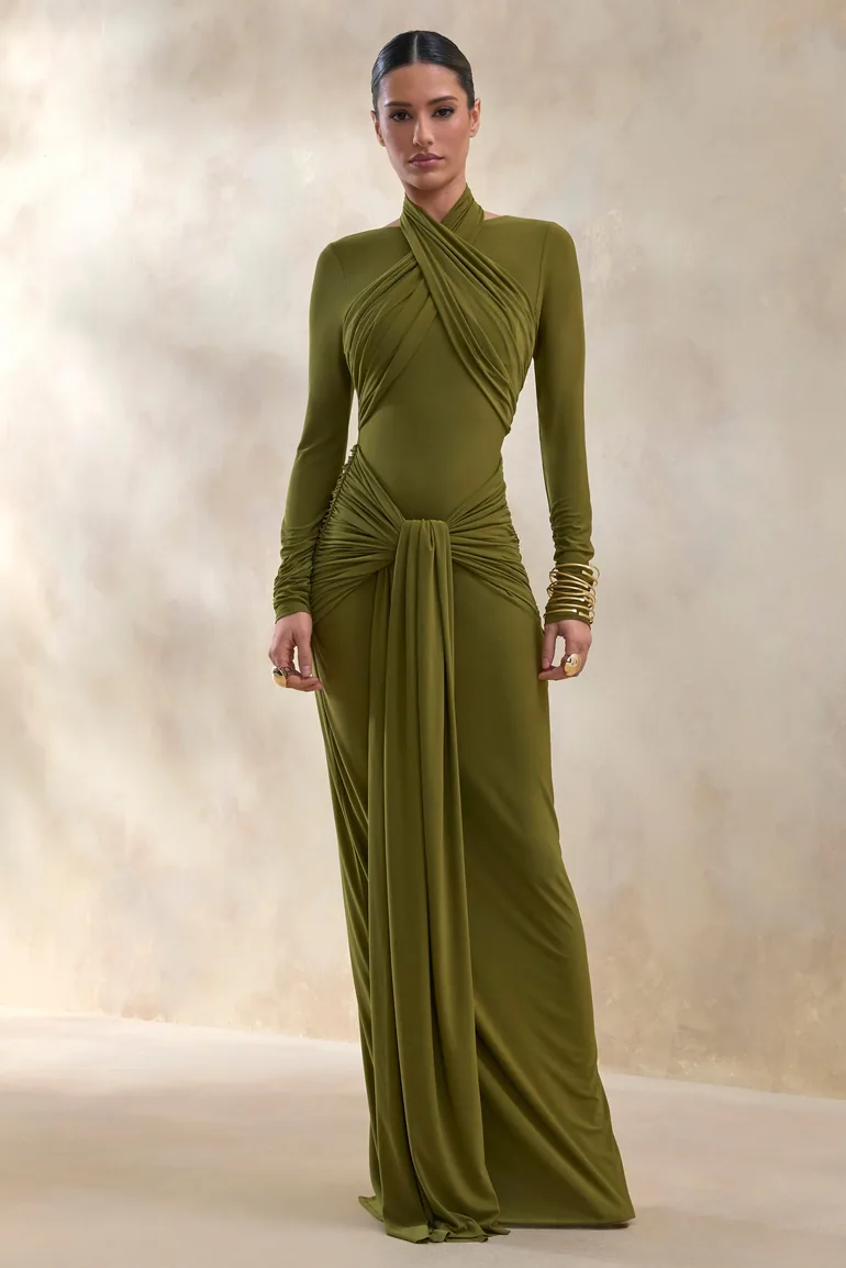 Linessa | Olive High-Neck Maxi Dress With Sash And Gathered-Detailing
