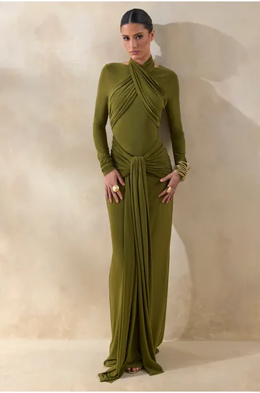 Linessa | Olive High-Neck Maxi Dress With Sash And Gathered-Detailing