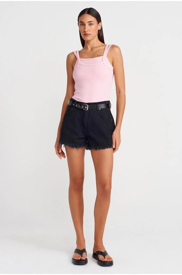 Dilvin Ribbed Sleeveless Square-neck Blouse
