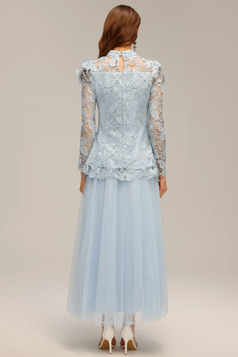 Sabina Long Sleeve Folds Lace Butterfly Top And Skirt Two-Piece Set - 9