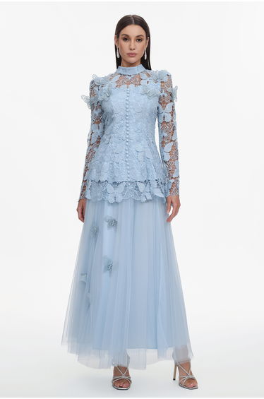 Sabina Long Sleeve Folds Lace Butterfly Top And Skirt Two-Piece Set