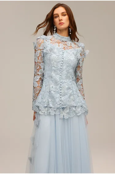 Sabina Long Sleeve Folds Lace Butterfly Top And Skirt Two-Piece Set