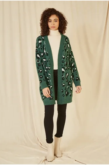 Yumi Green Animal Intarsia Long Cardigan