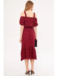 Women's Fuchsia Checkered Floral Patterned Strap Elastic Waist Dress - 3