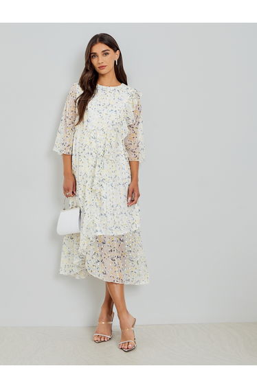 Women Off White Floral Print Midi Dress with 3/4 Sleeves