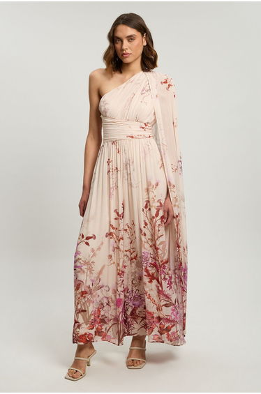 Crinkle Georgette Floral Print One Shoulder Woven Maxi Dress