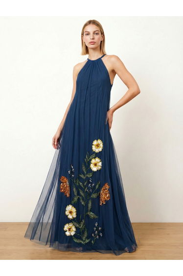 Maya Blue Floral Embellished Halter Neck Trapeze Maxi Dress