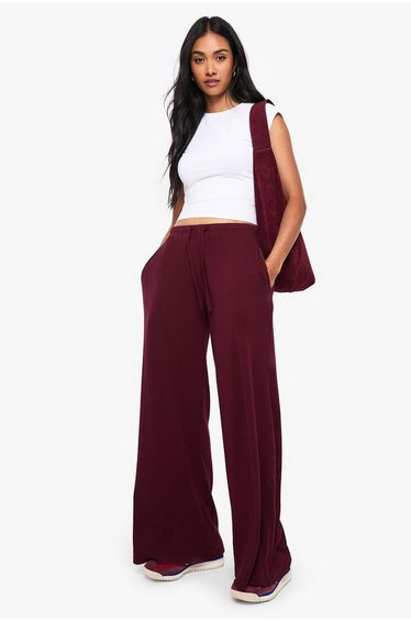 Boohoo Basics Rib Straight Leg Trouser - dark red