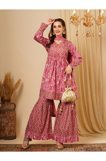 All-Over Floral Print V-Neck Kurta with Sharara and Dupatta Set