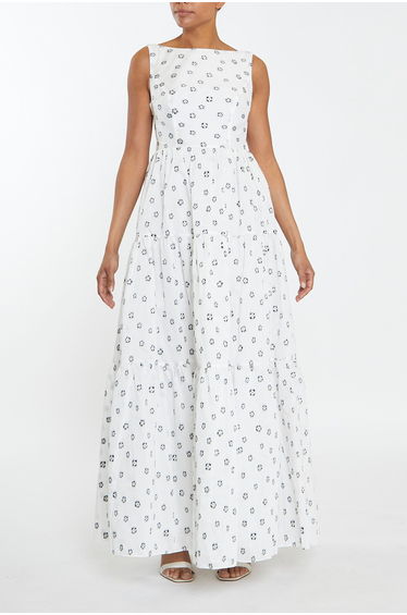 Lorna White-Organza Flower Tiered Backless Maxi-Dress