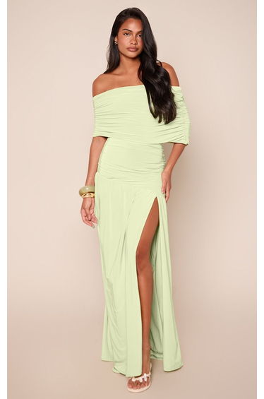 Lime Double Layer Slinky Bardot One Shoulder Ruched Maxi Dress