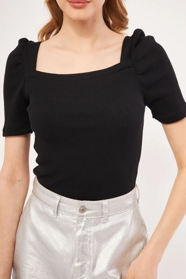 Women's Black Front Back Square Neck Watermelon Sleeve Corded Blouse - 3