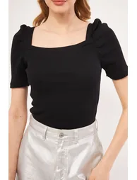 Women's Black Front Back Square Neck Watermelon Sleeve Corded Blouse - 3