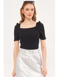 Women's Black Front Back Square Neck Watermelon Sleeve Corded Blouse - 2