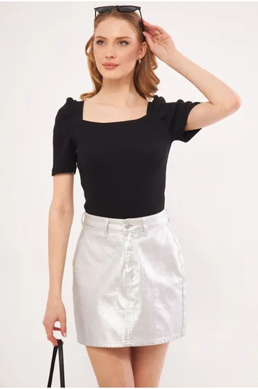 Women's Black Front Back Square Neck Watermelon Sleeve Corded Blouse