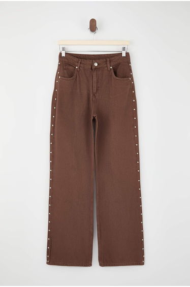 Brown Trok Detailed High Waist Wide Leg Jeans