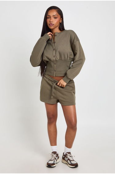Cinched Waist Button Through Sweatshirt Short Tracksuit - olive