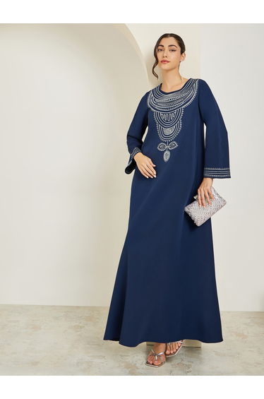 Women Navy Blue Embroidered A-Line Jalabiya