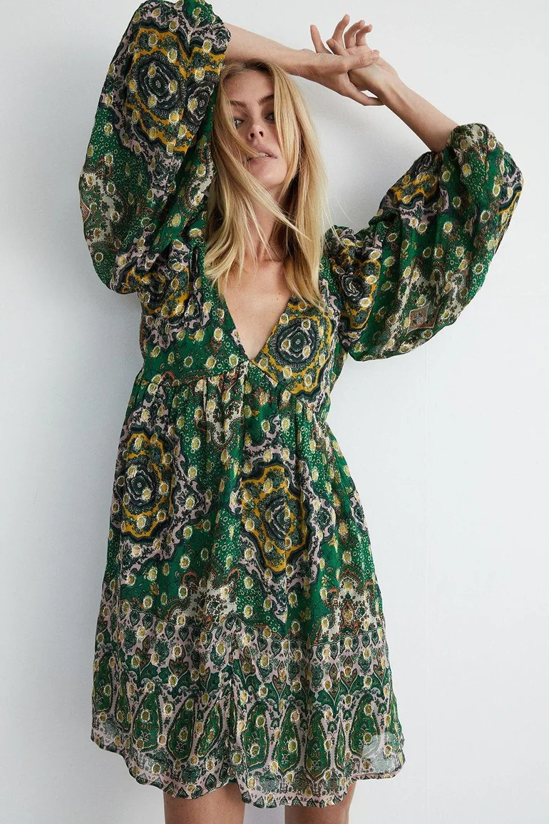 Sparkle Border Print V Neck Mini Dress